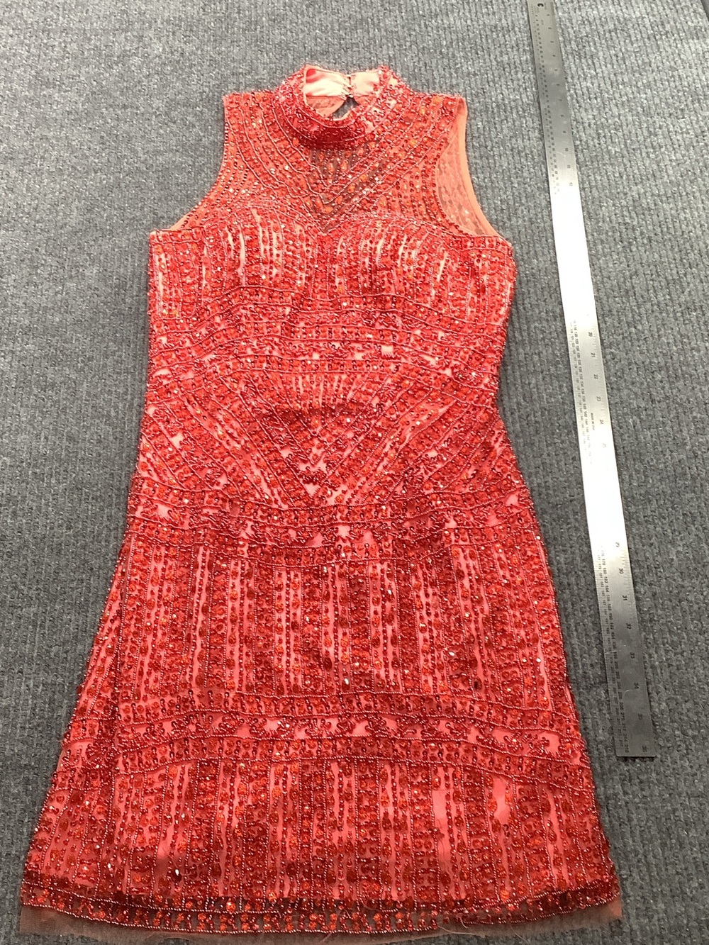 Sherri Hill Beaded Coral Mini Dress with High Neck